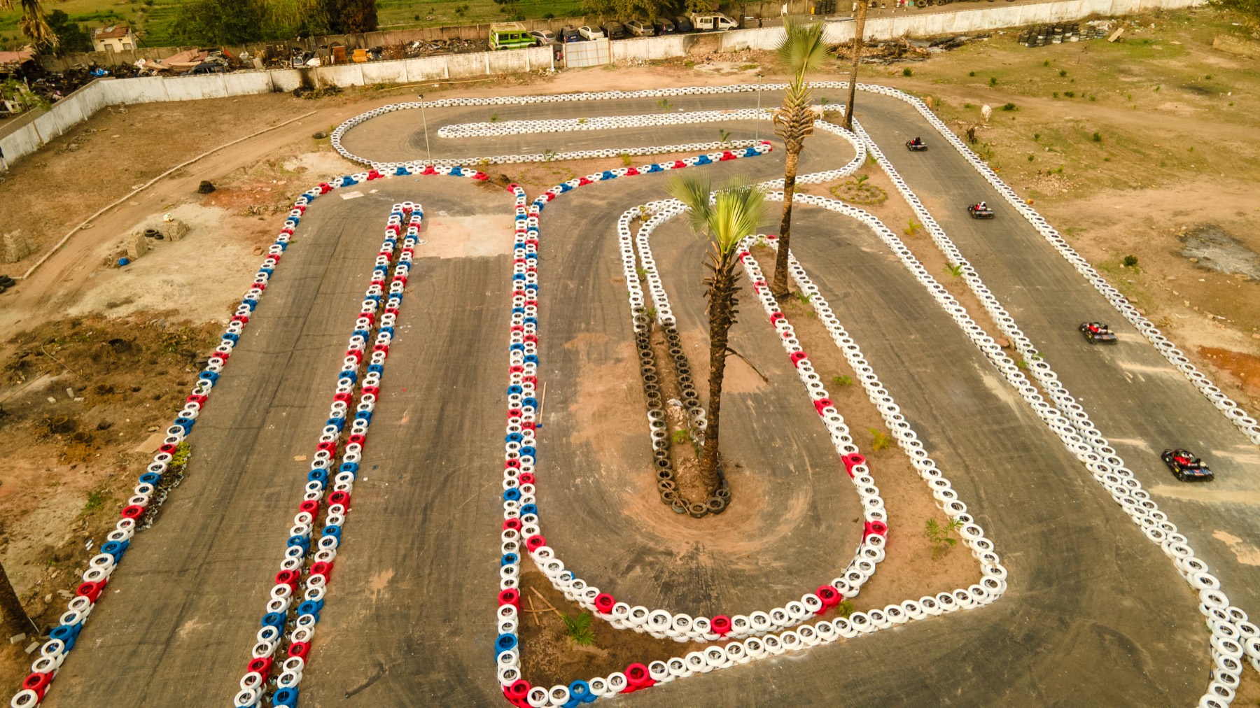 Aerial view of tyre-lined corners
