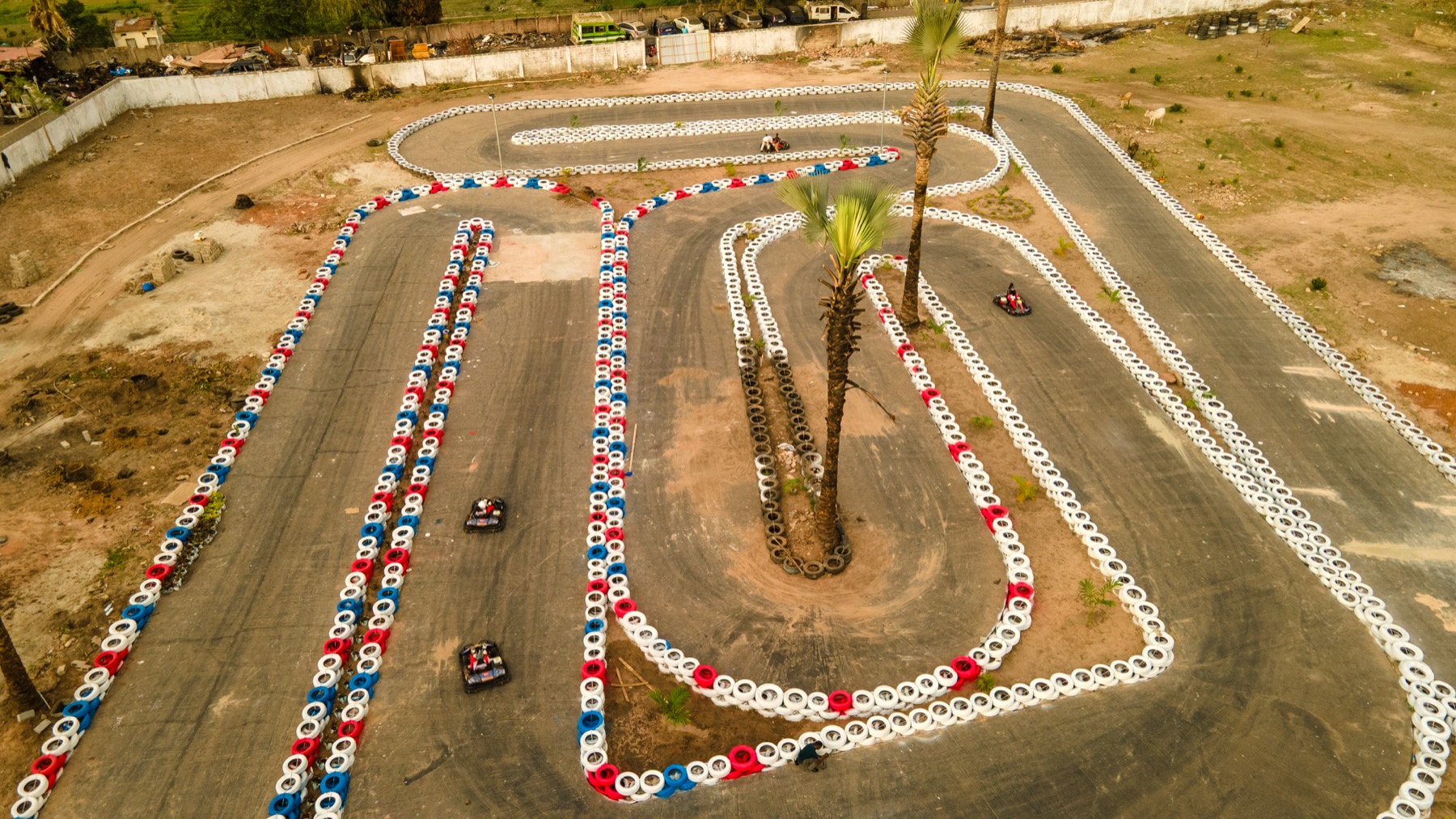 Drone shot of karts on track